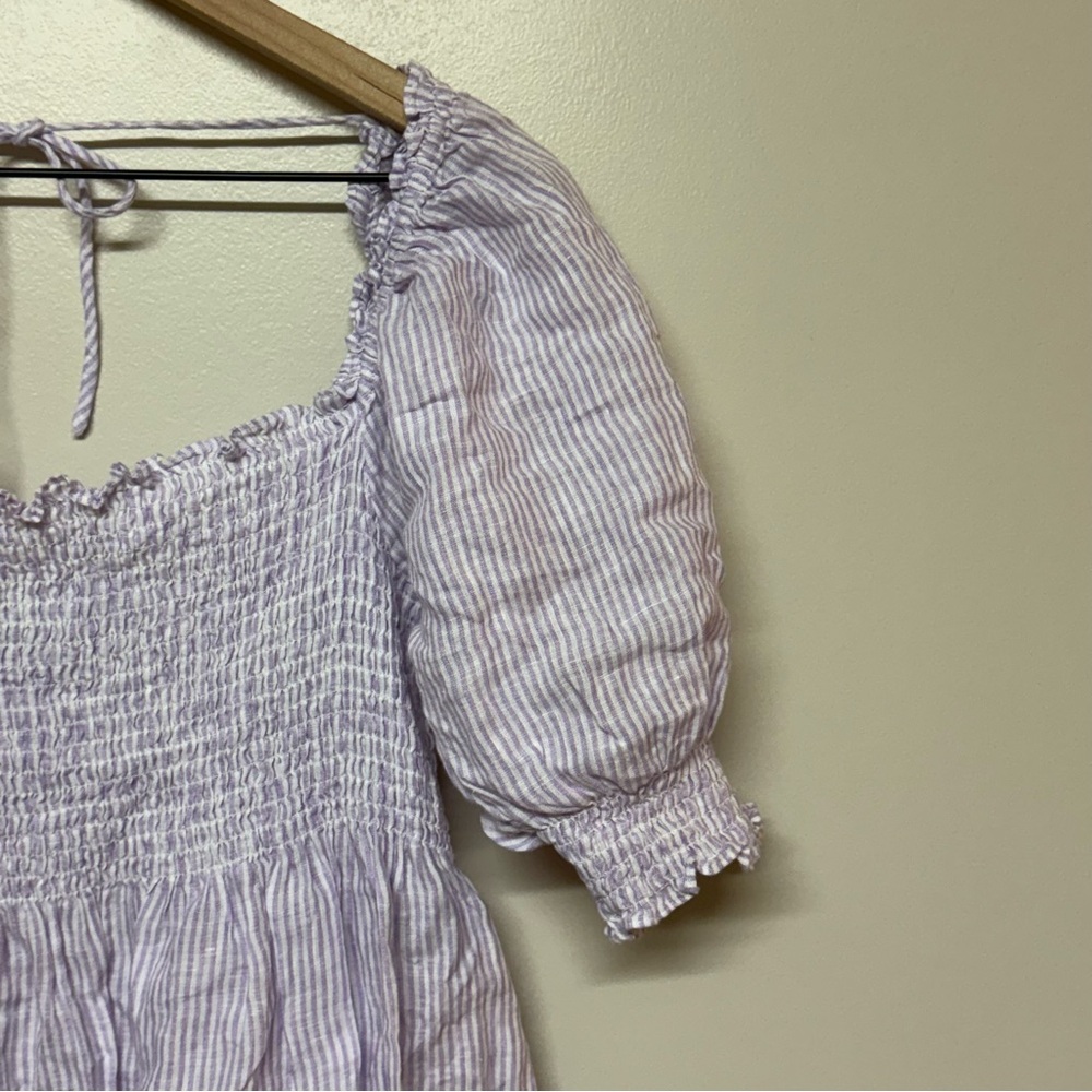 Hill House Athena Nap Dress Linen Lilac Stripe Puff-sleeve Smocked, Med - Picture 4 of 8
